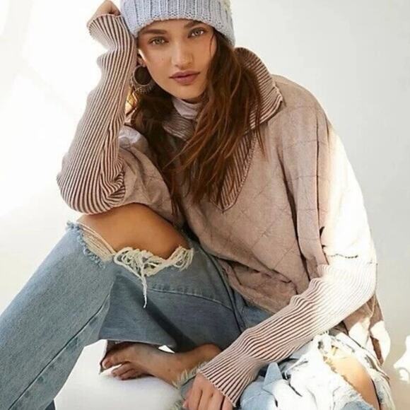 Free People Fp One Shiloh Sweatshirt Pullover Zip Oversized Ribbed sz M beige - Picture 11 of 16